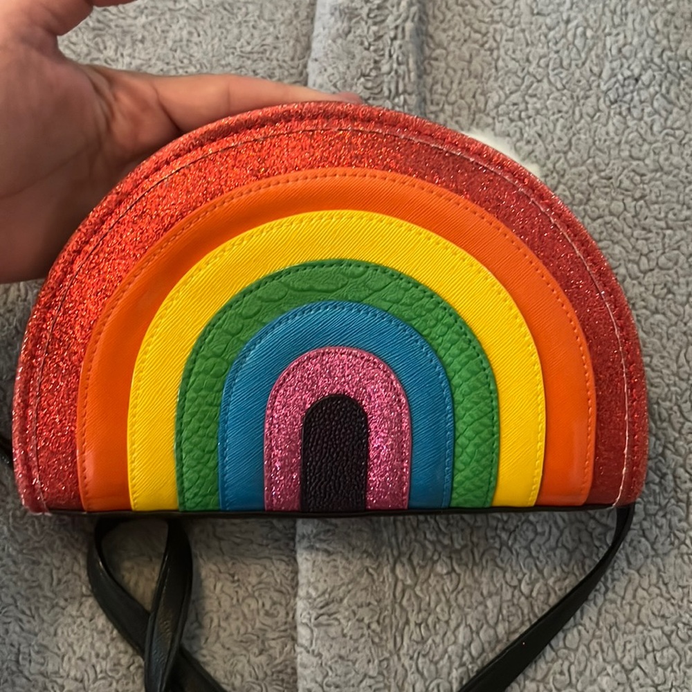 Very Rare Betsey Johnson Crossbody Rainbow I love Hue glitter faux leather bag.